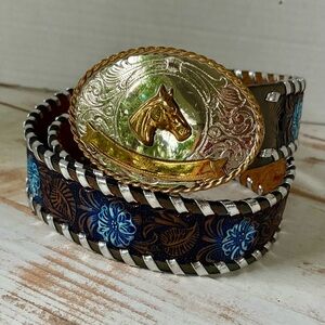 KENNY ROGERS hand tooled leather belt blue flowers German Silver horse buckle